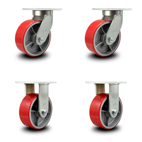 8 Inch Heavy Duty Red Poly on Cast Iron Caster Swivel Locks 2 Rigid SCC, 2PK